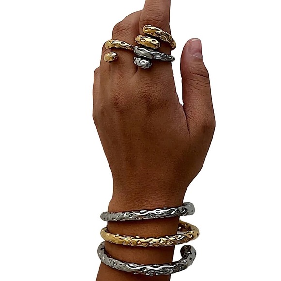 Stainless Steel Contour Bracelet, Irregular Hammered Bangle Cuff, Anniversary - Picture 4 of 8